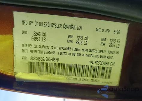 2006 Chrysler 300 Touring from USA, damaged, VIN 2C3KA53G16H520678